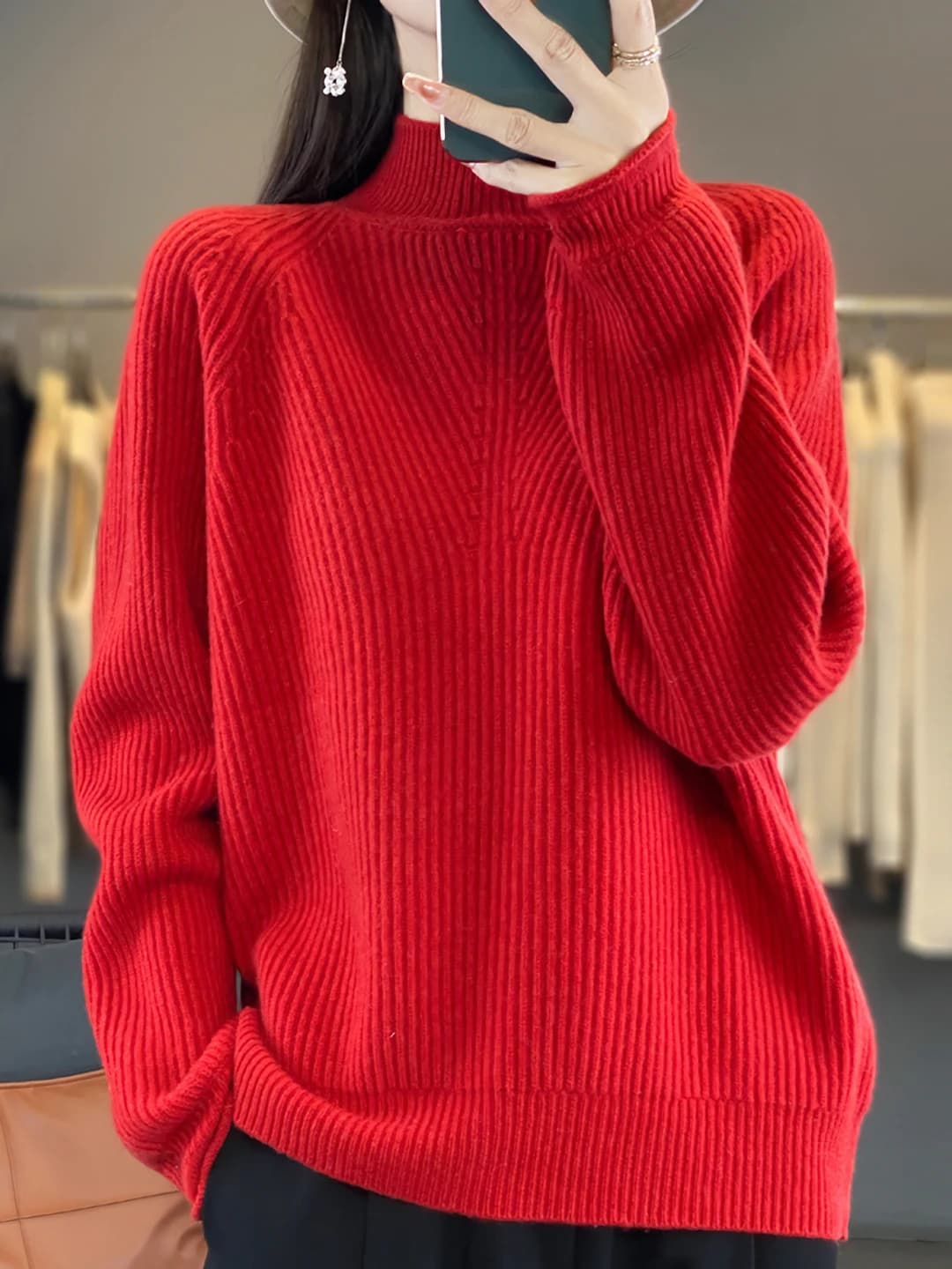 2026 autumn-winter women's wool sweater, mock neck, loose fit, long sleeve, thickened, solid colour, casual