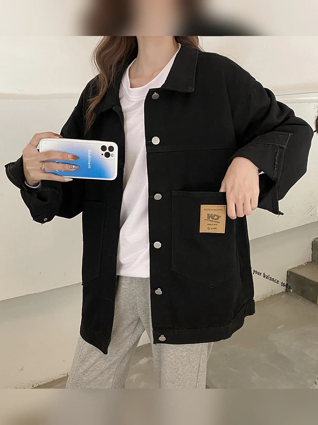 Women's denim work jacket, spring-autumn, Korean style, retro, loose fit, solid colour, long sleeve, lapel collar