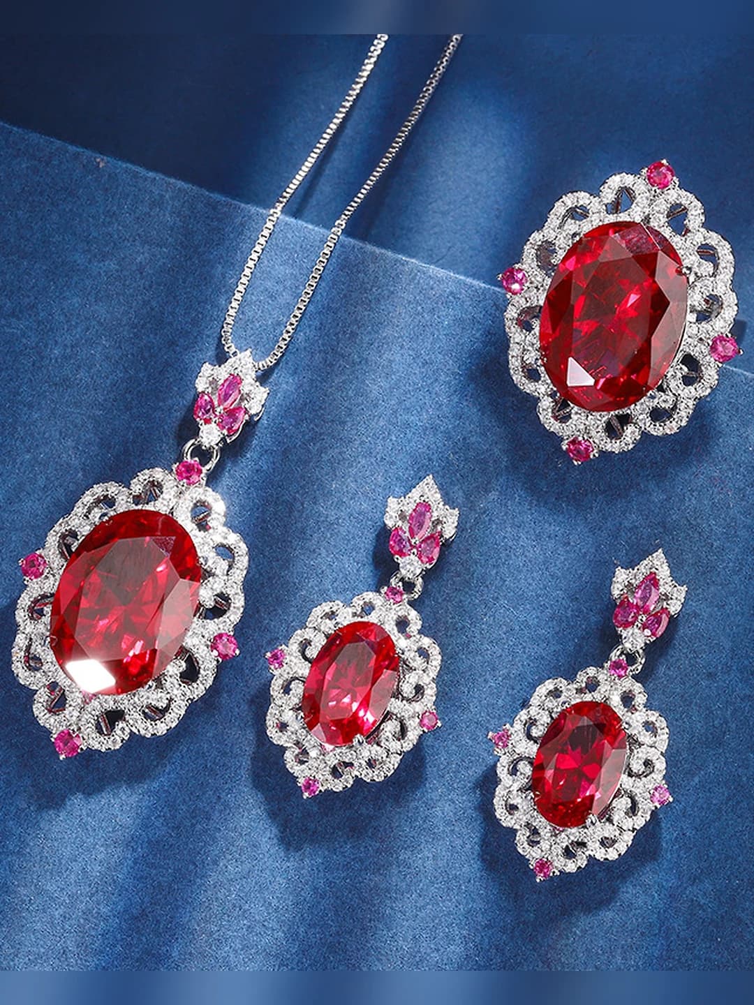 Women's set: artificial ruby, zircon inlay, geometric pattern, gold-plated brass, light luxury style