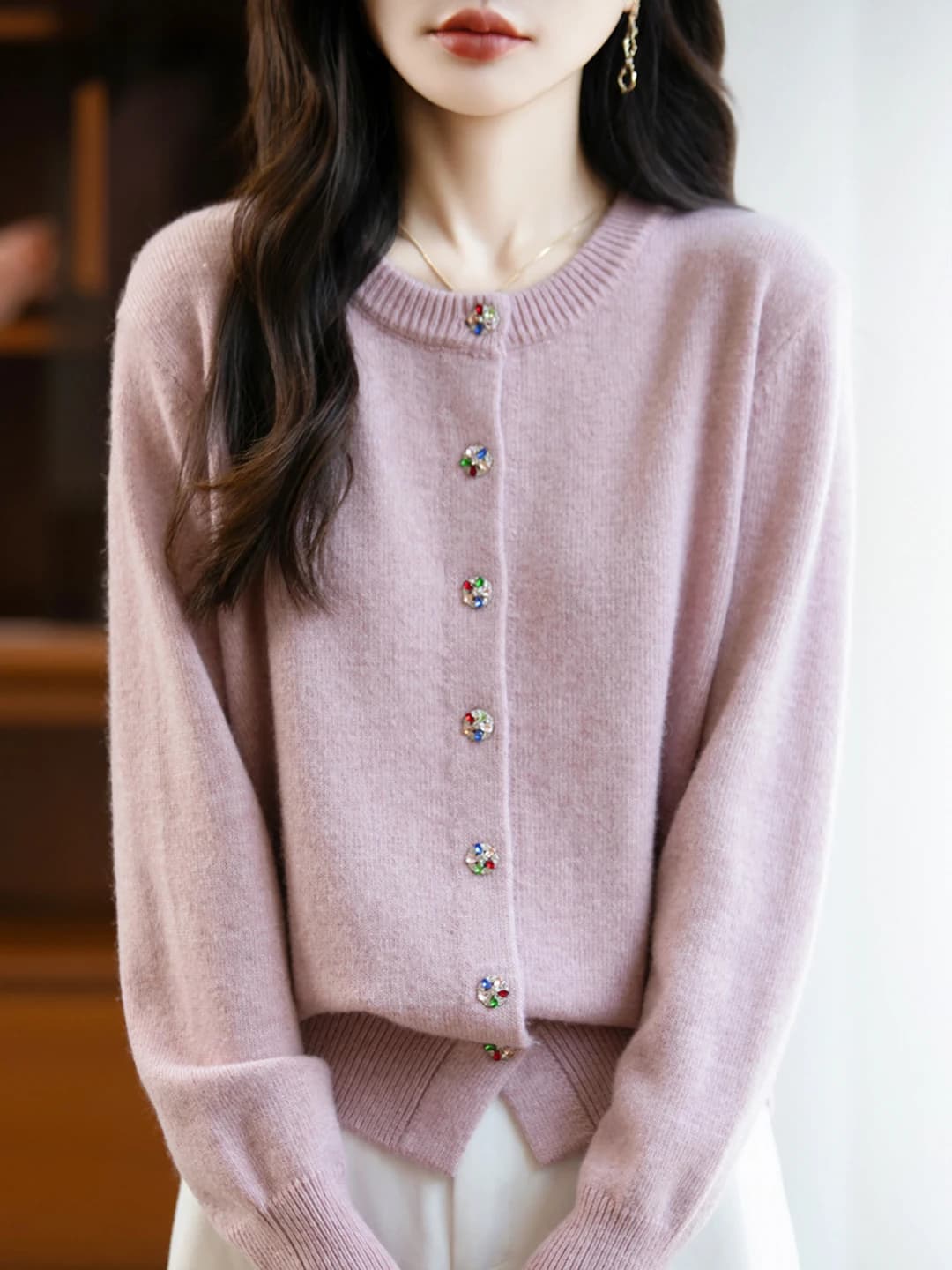 Women's 2026 autumn-winter knit cardigan, crew neck, long sleeve, solid colour, loose fit, thick, multi-button