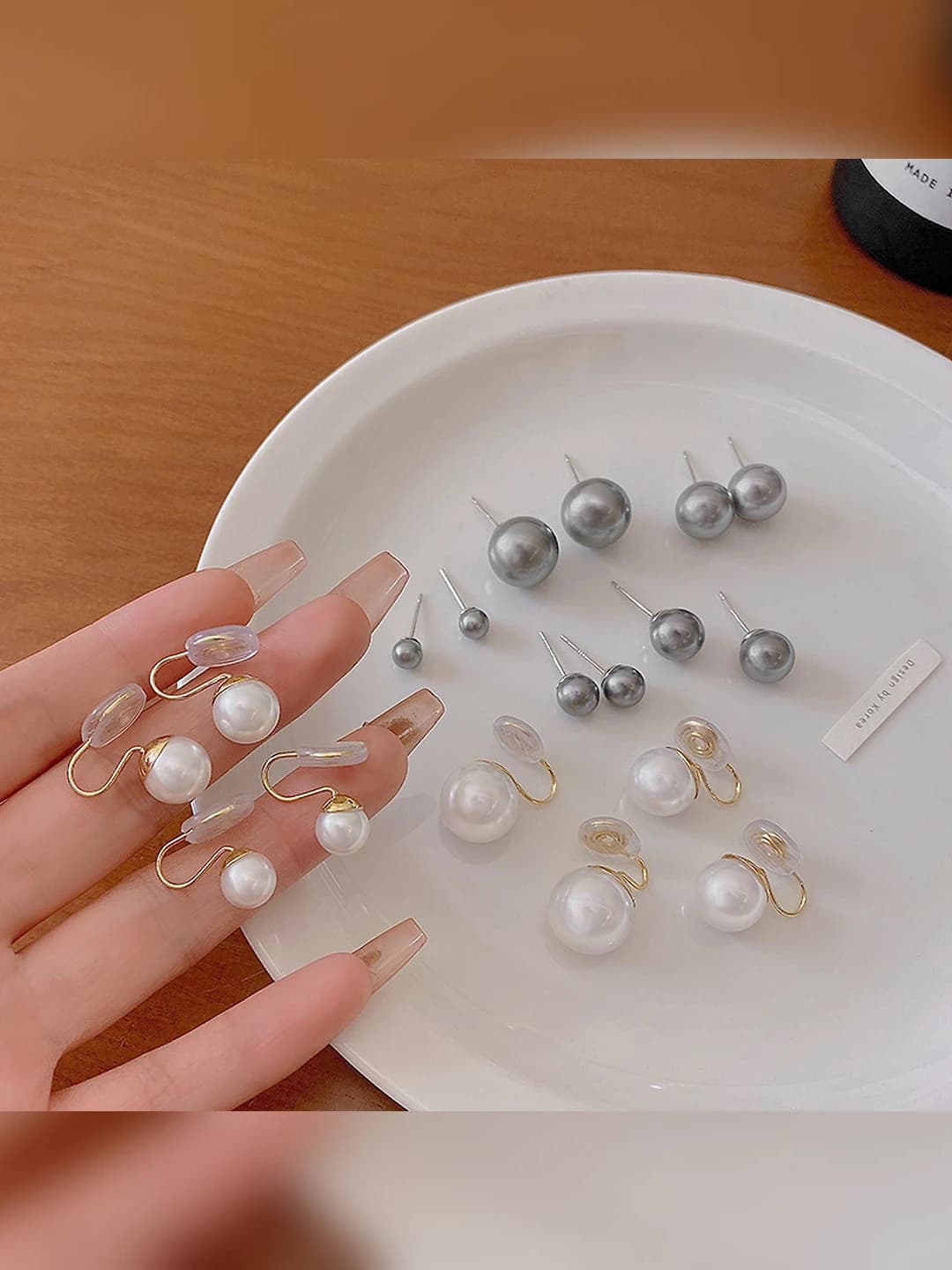 Women's pearl geometric ear clips, 925 silver post, electroplated alloy, korean style, grey