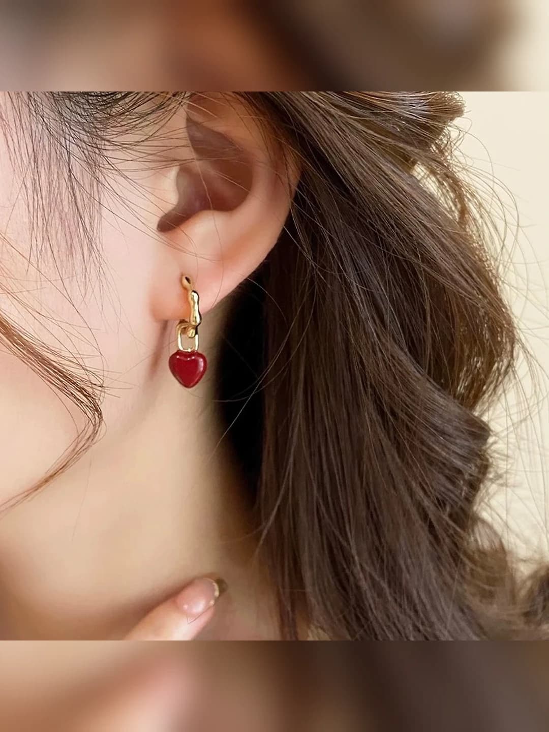 Women's wine red heart-shaped earrings, copper, electroplating, shenb-byon style design element