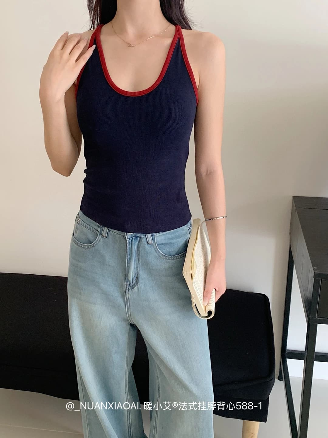 Navy + red trim