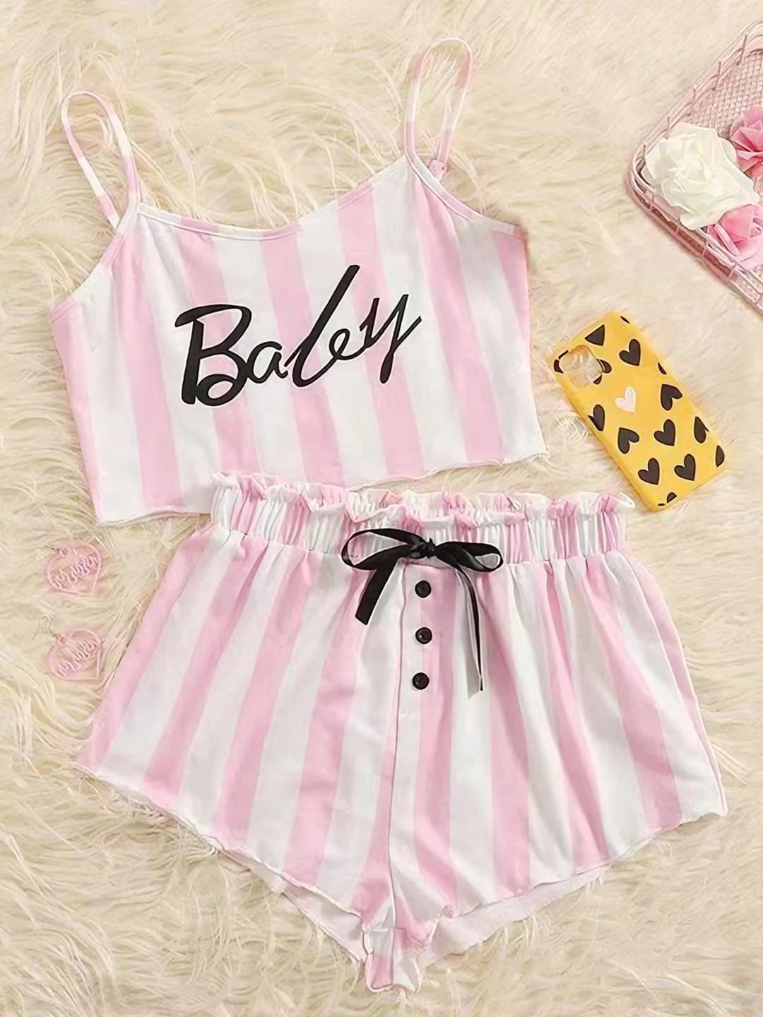Women's home wear set: striped camisole top and shorts, mesh fabric, 2026