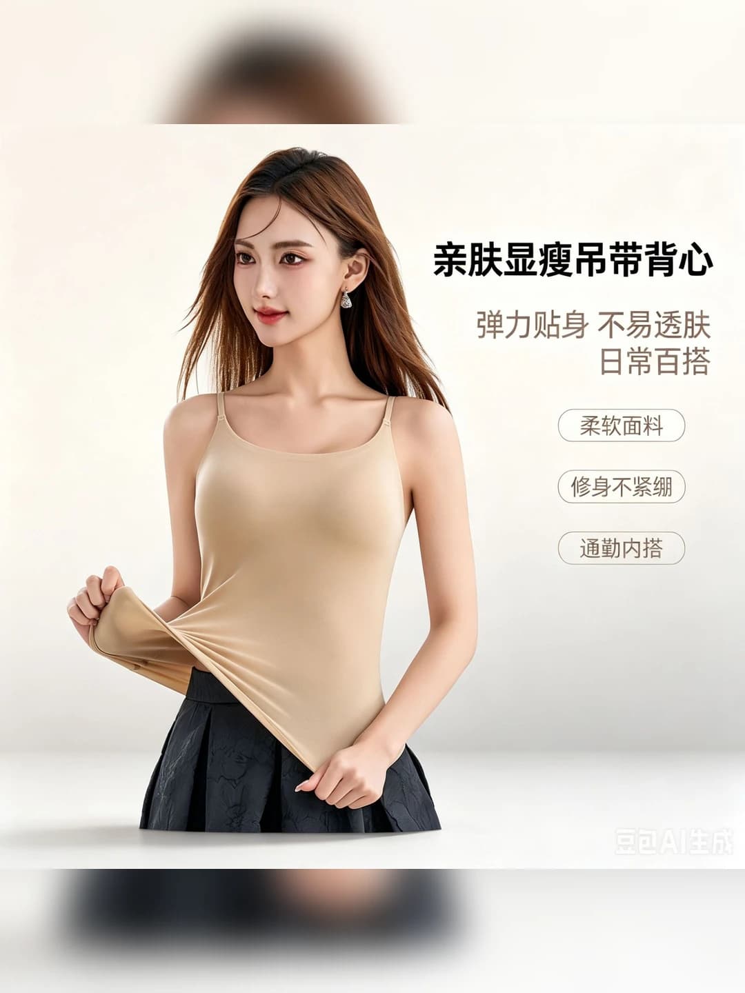 Women's spring-summer ice-silk fabric tank top, seamless, slimming, crew neck, all-season, long, with built-in bra pads