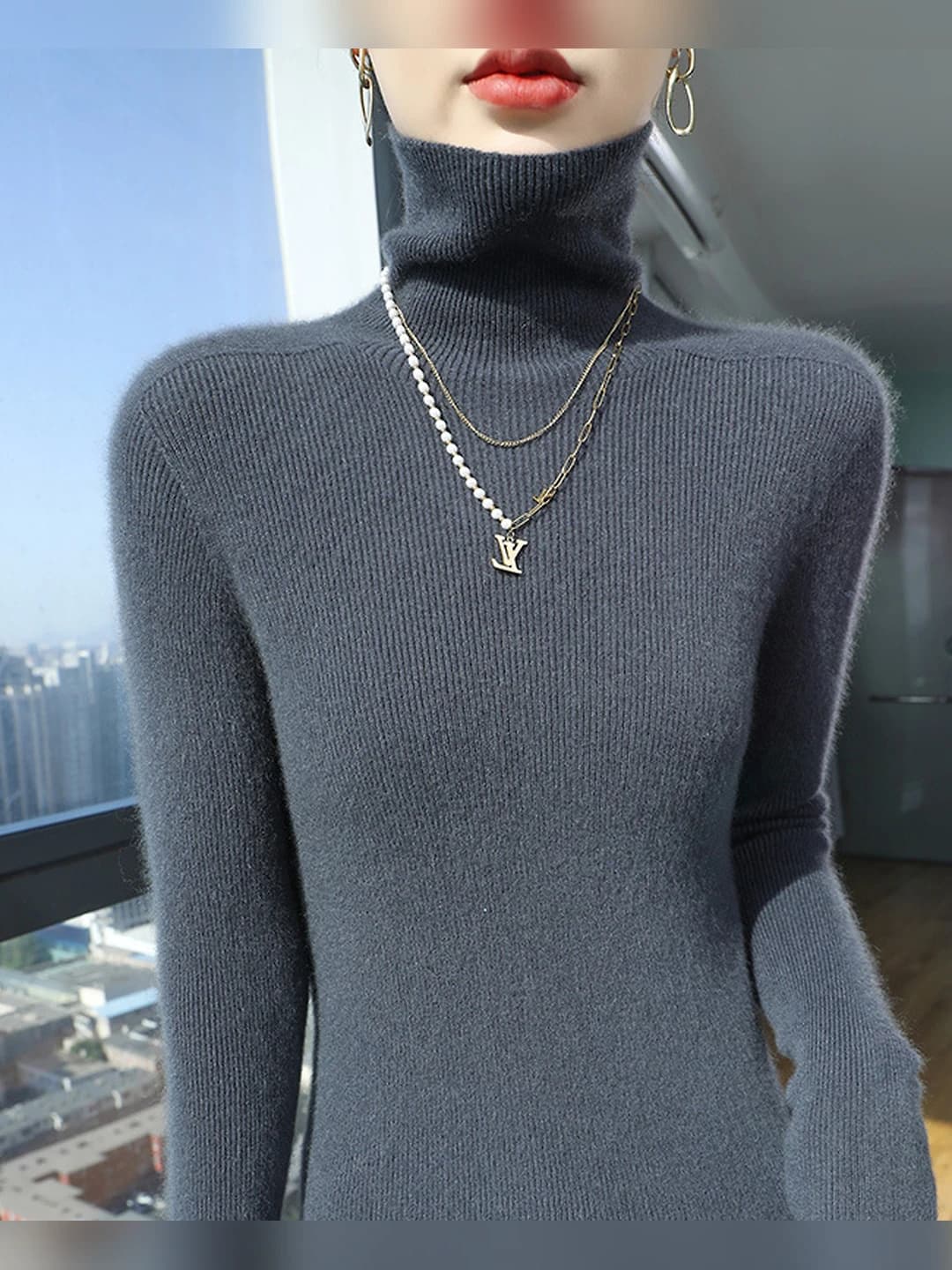 Women's cashmere knit top with high neck for autumn-winter 2026, long sleeve, solid colour, medium thickness, girl style