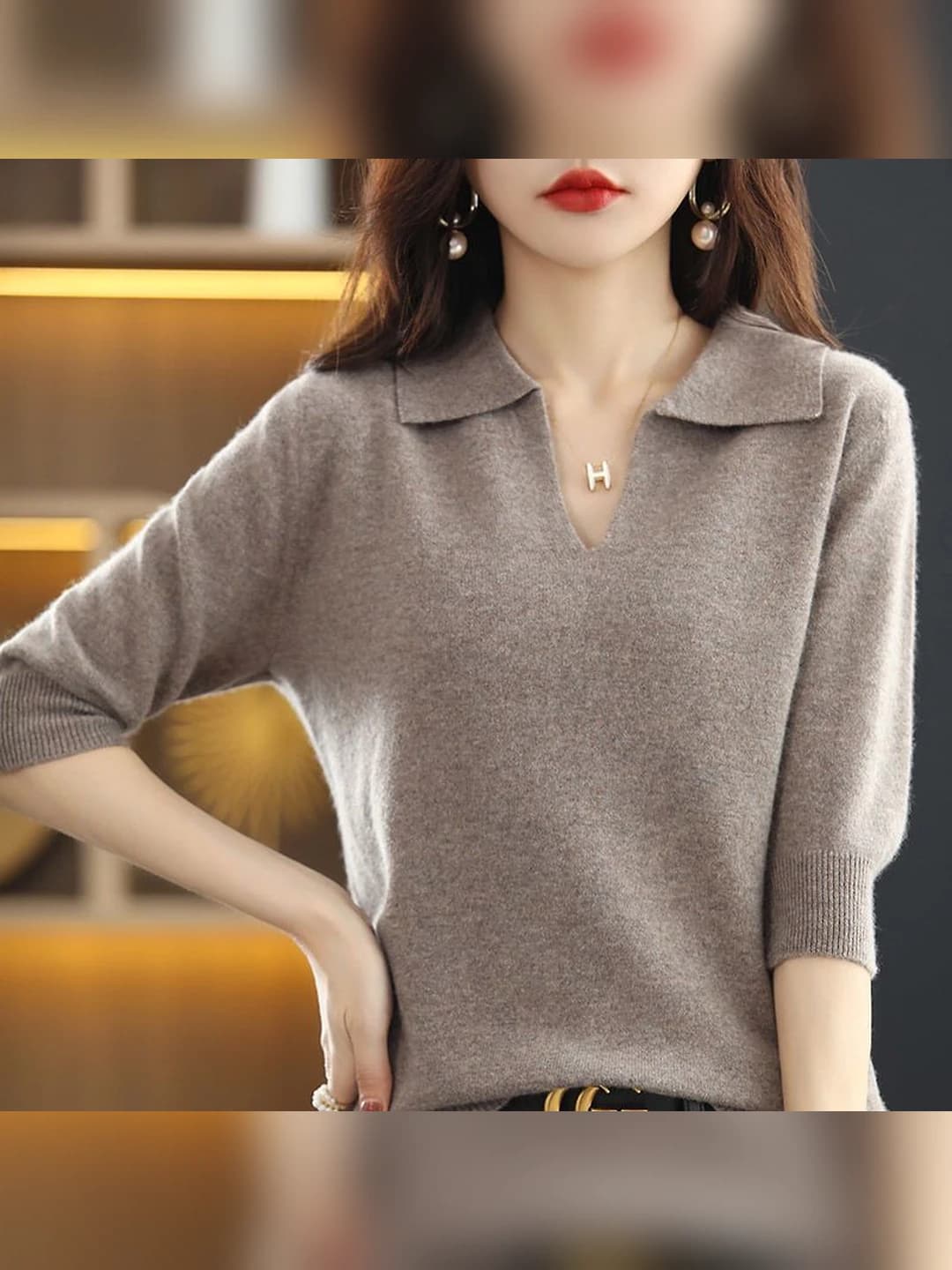 Ayollar uchun to'qima top, V-yoqa, uch chorak yeng, bo'sh (oversize), yozgi