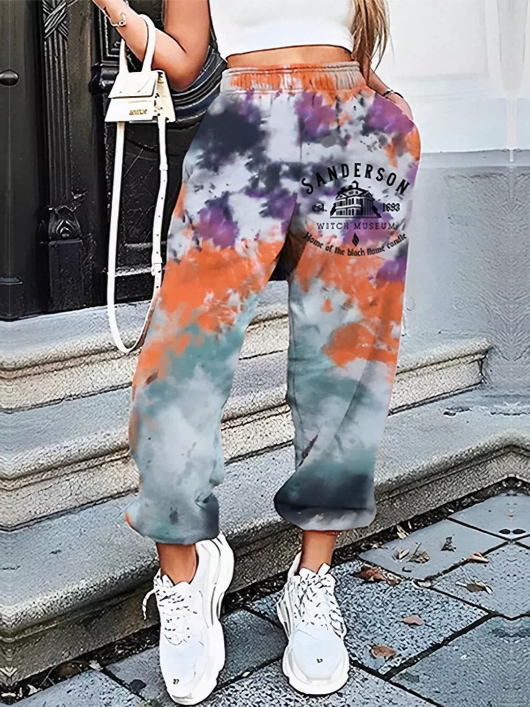 Women's tie-dye sports sweatpants, high waist, straight cut, trousers, printed, stretch, medium thickness, polyester