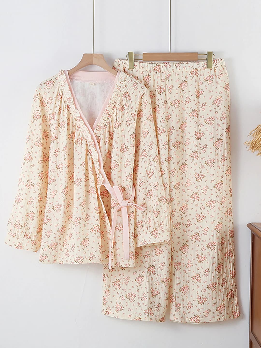 Women's pure cotton thin long sleeve V-neck printed pajama set (loungewear)