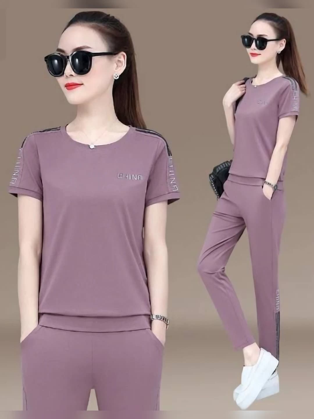Women's summer sports suit: short-sleeve t-shirt and trousers set, Korean style, loose fit, geometric pattern