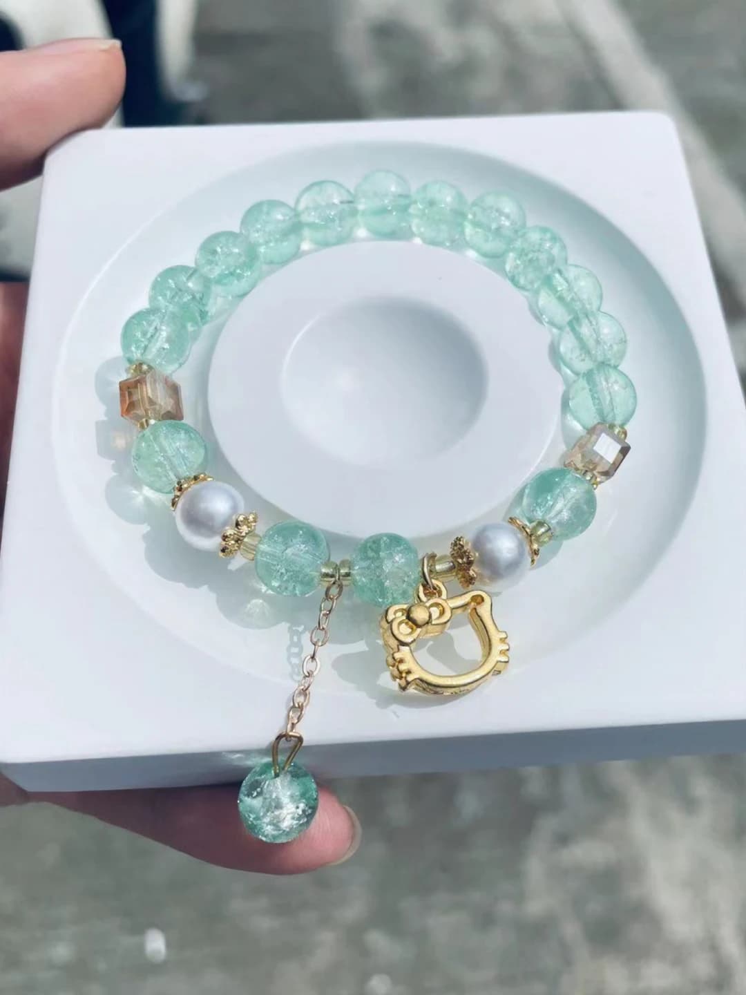 Gold cat green crystal bangle