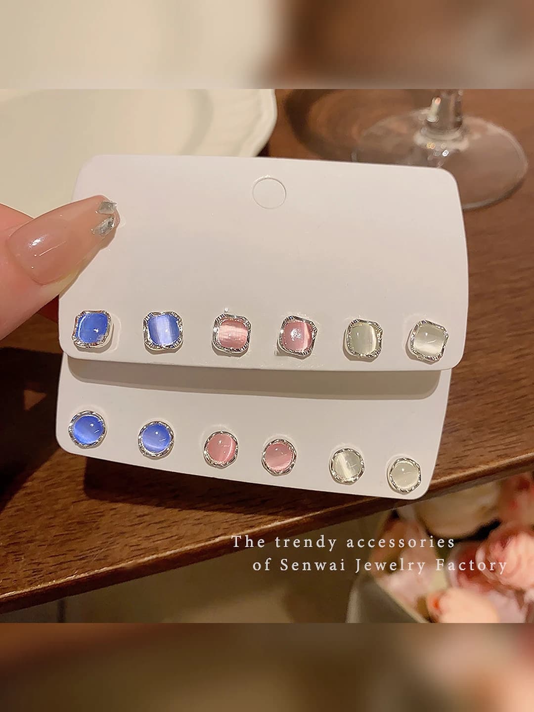 Women's 6-piece set of colorful cat-eye stone earrings, Korean style, sleep-friendly