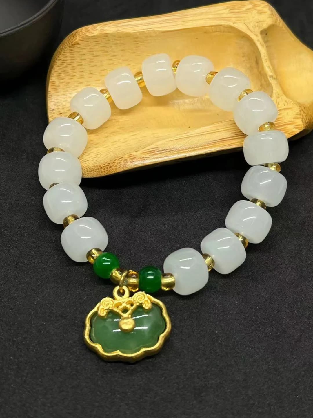 White jade, green beads, green lock