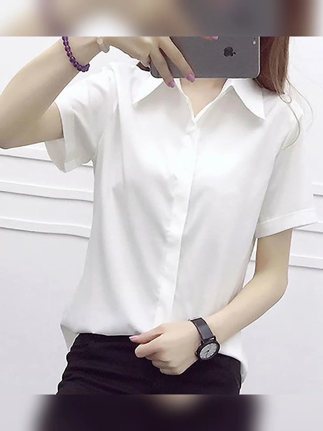 Women's white shirt, short sleeve, slim fit, Korean style, casual, plus size