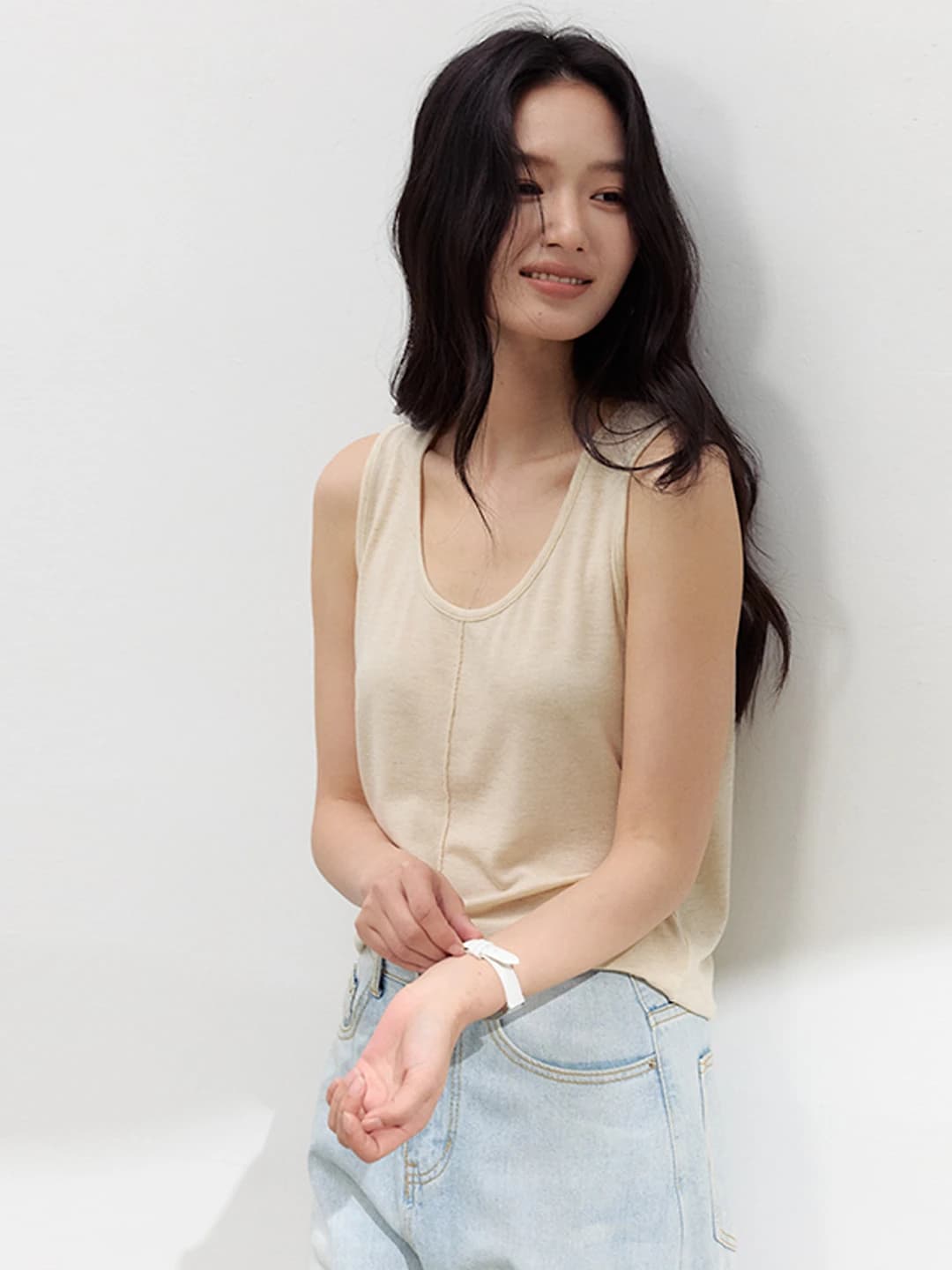 Women's spring-summer tank top, loose fit, striped, sleeveless, crew neck, stretch, tencel blend fabric