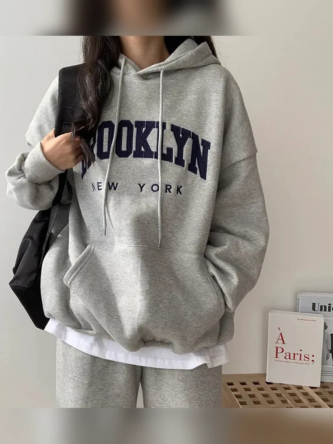 Women's embroidered letters hoodie, fleece-lined, thickened, loose fit, plus size, spring-autumn-winter