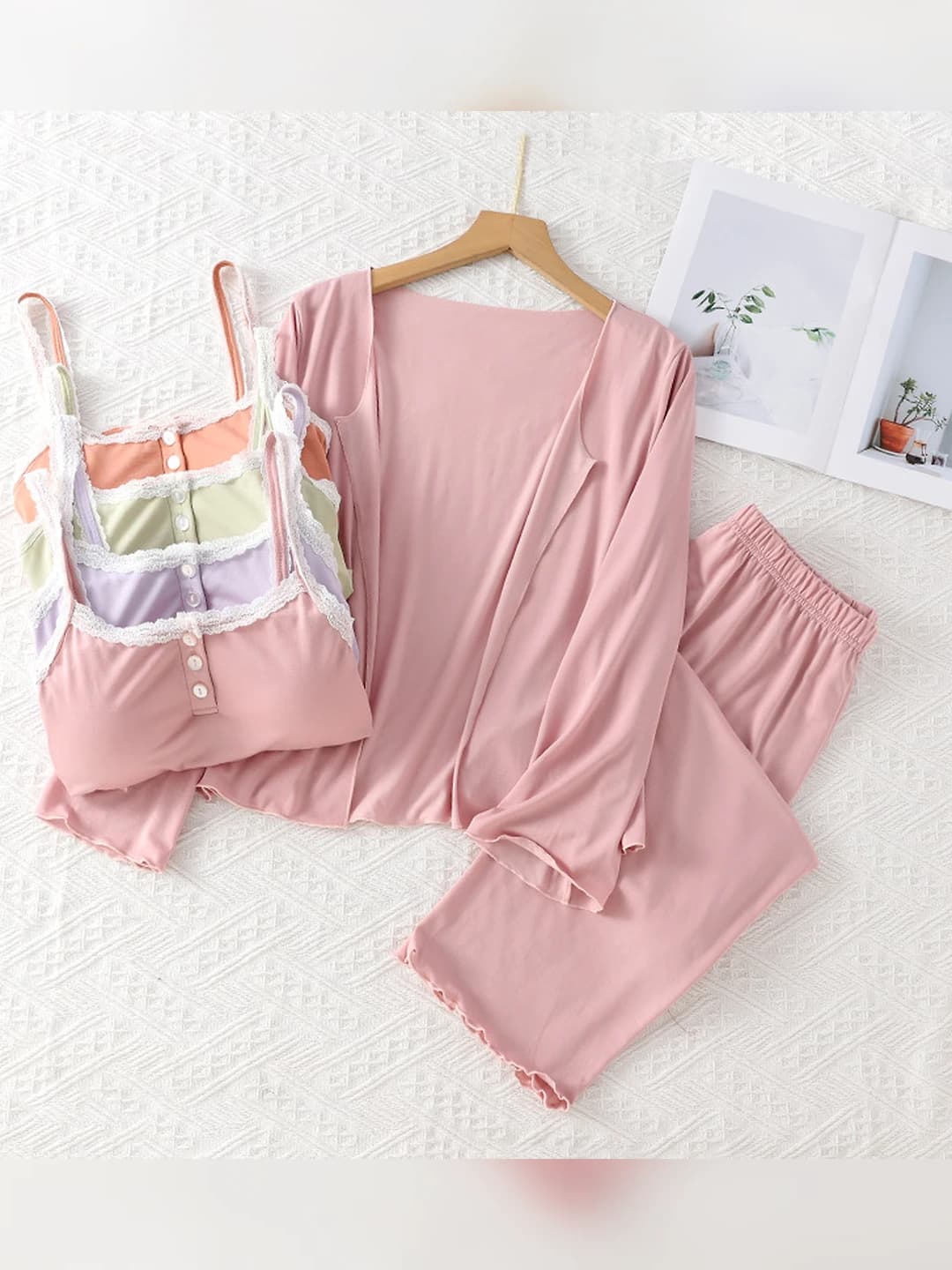 Women's modal pajama set (3-piece: camisole, cardigan, trousers), long sleeve, crew neck, thin, summer, loungewear