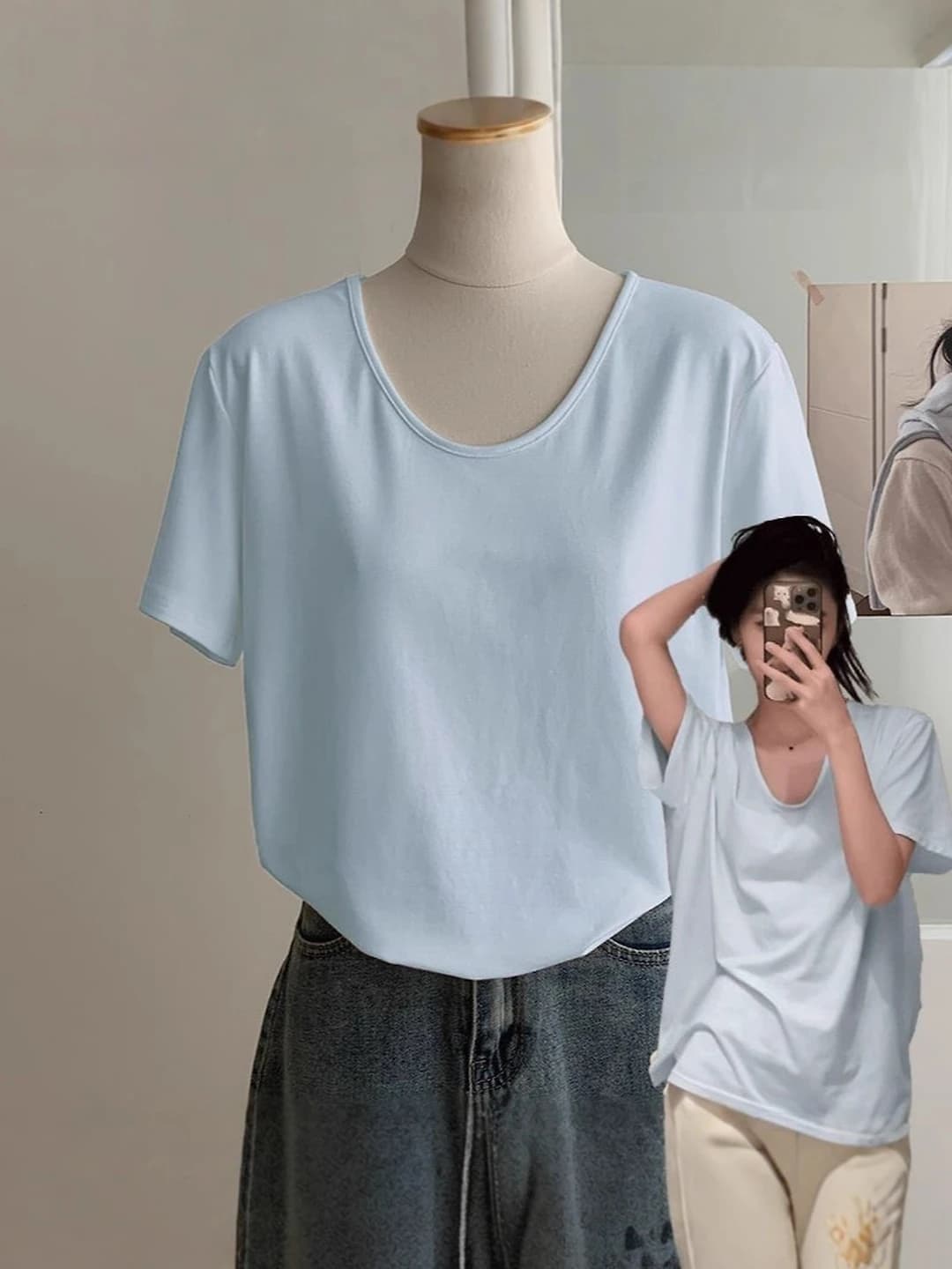 Women's summer short sleeve V-neck loose fit t-shirt, slimming, solid colour, casual style