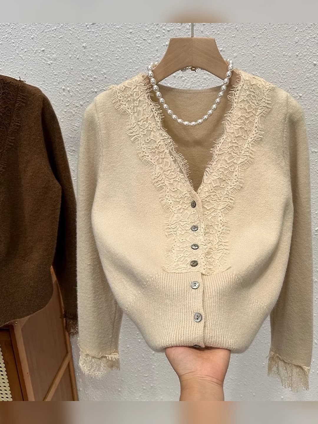 Women's lace V-neck long sleeve knit cardigan, cashmere, slim fit, solid colour, autumn-winter
