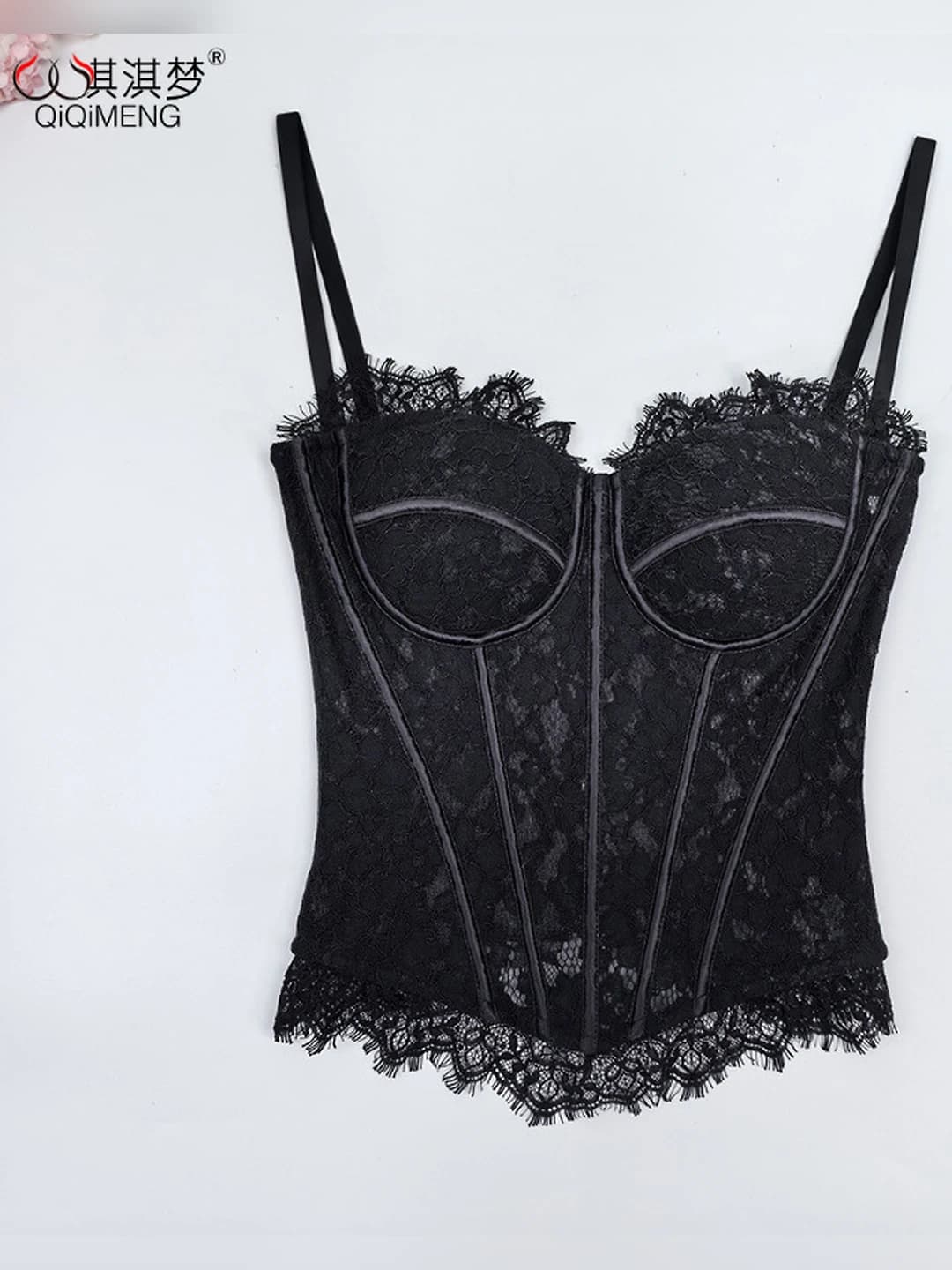 Women's long lace shapewear bustier top with built-in bra cups and boning, slimming, for outerwear