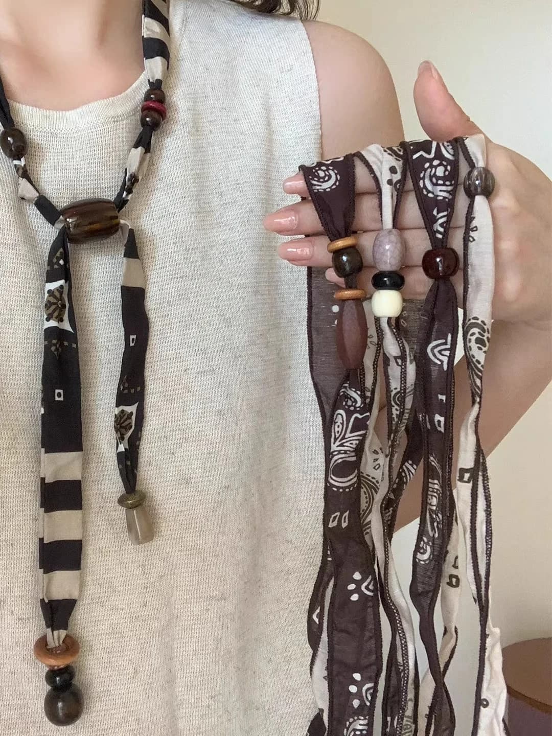Women's boho-style geometric fabric and wooden bead necklace for sweater