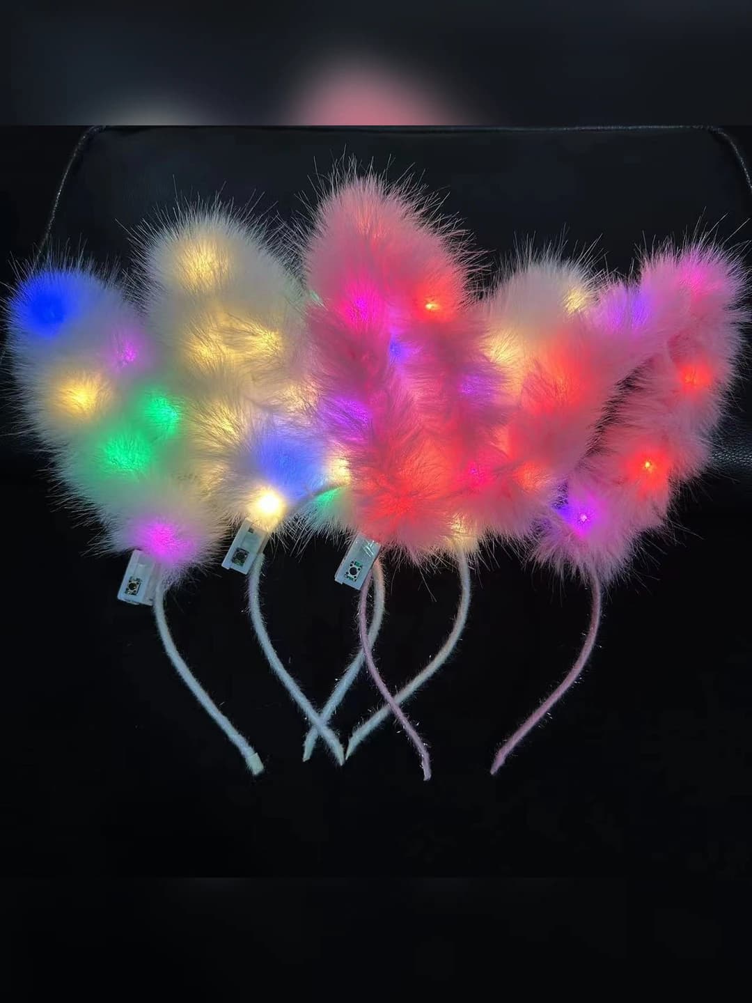 Women's LED glowing bunny-ear feather headband, natural style, handmade