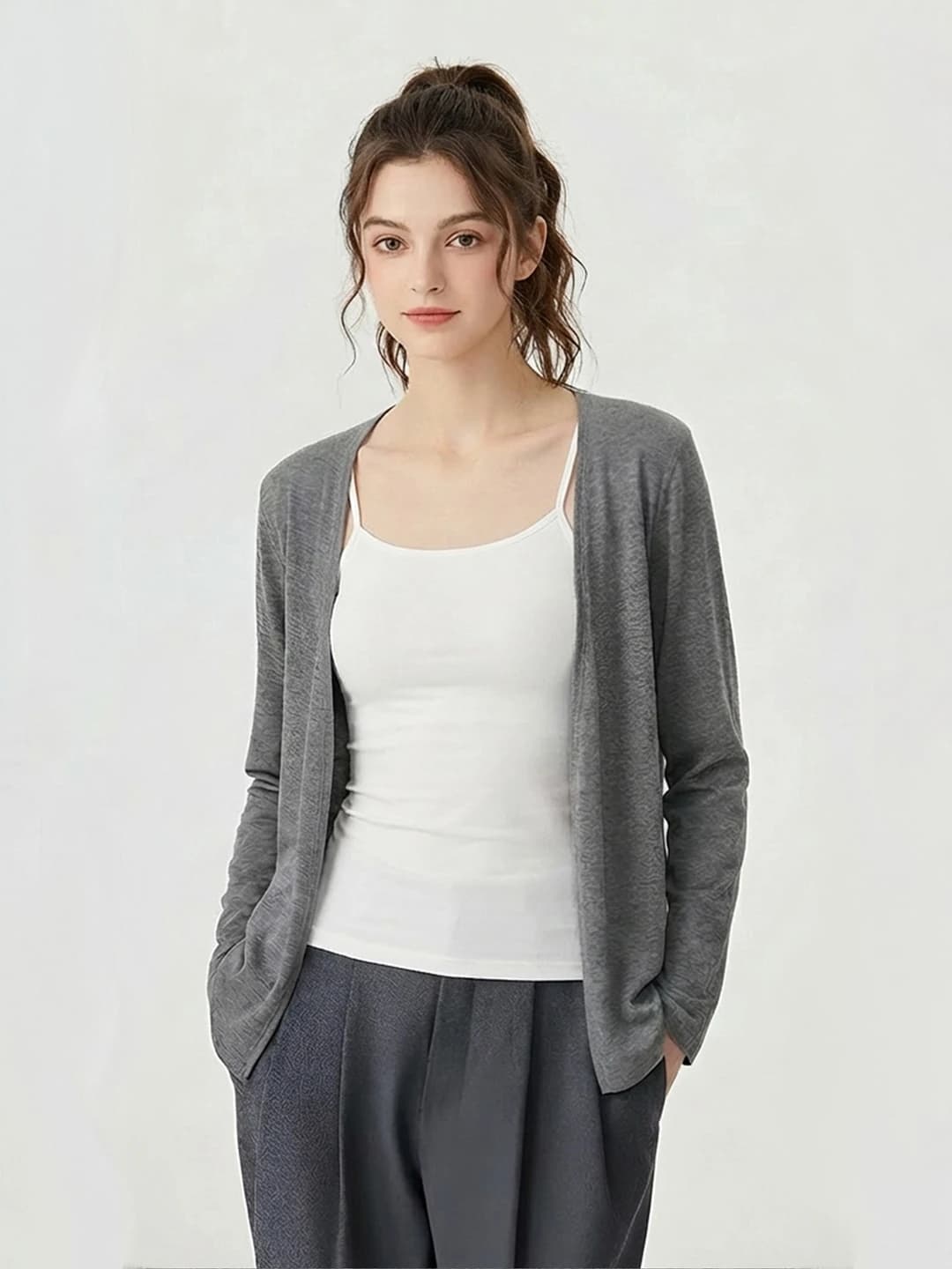 Women's knit cardigan, spring-summer, long sleeve, solid colour, loose fit, casual, sun-protective, mid-length