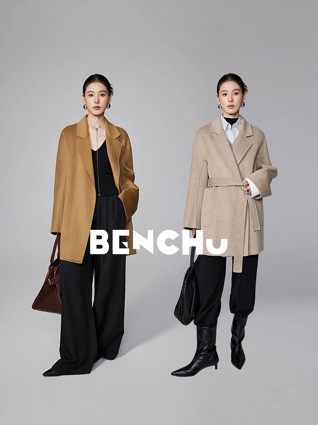 Women's cashmere and wool coat, autumn-winter, mid-length, loose fit, lapel collar, long sleeve, solid colour, for petite
