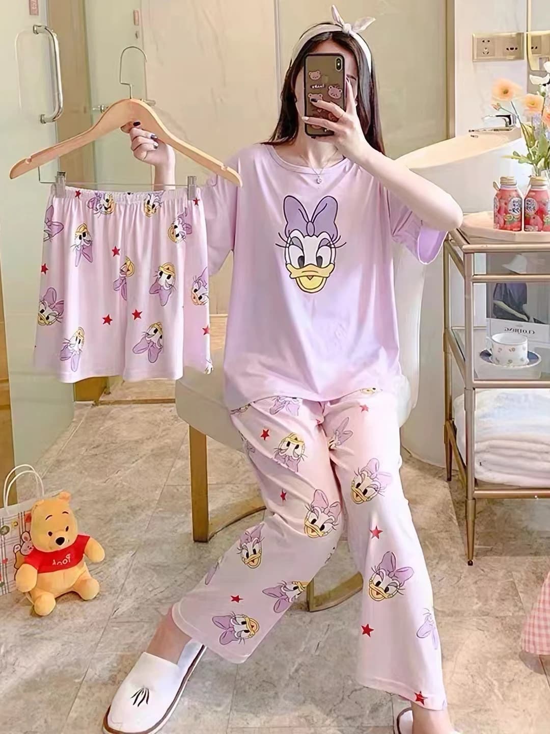 Women's summer pajama set: milk silk, short sleeve, trousers, crew neck, printed cartoon style loungewear
