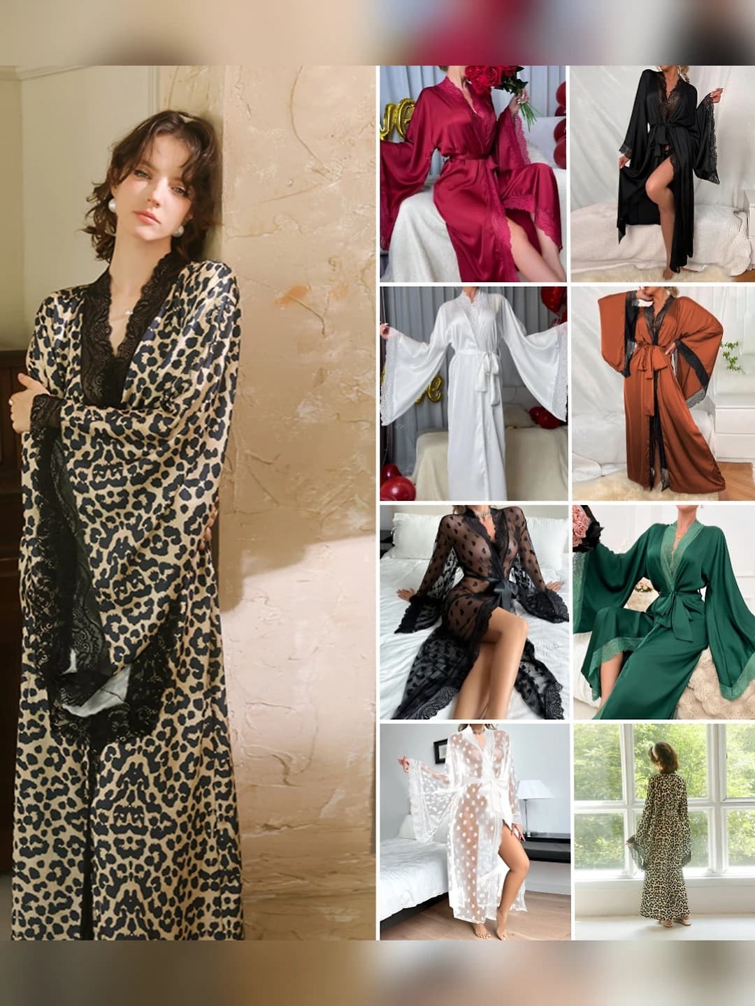 Women's long house robe with lace and imitation silk, for summer, spring and autumn