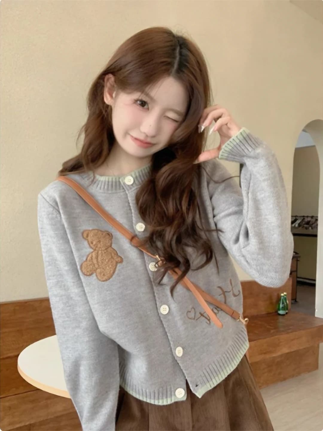 Women's grey knit cardigan, crew neck, long sleeve, cropped, casual style