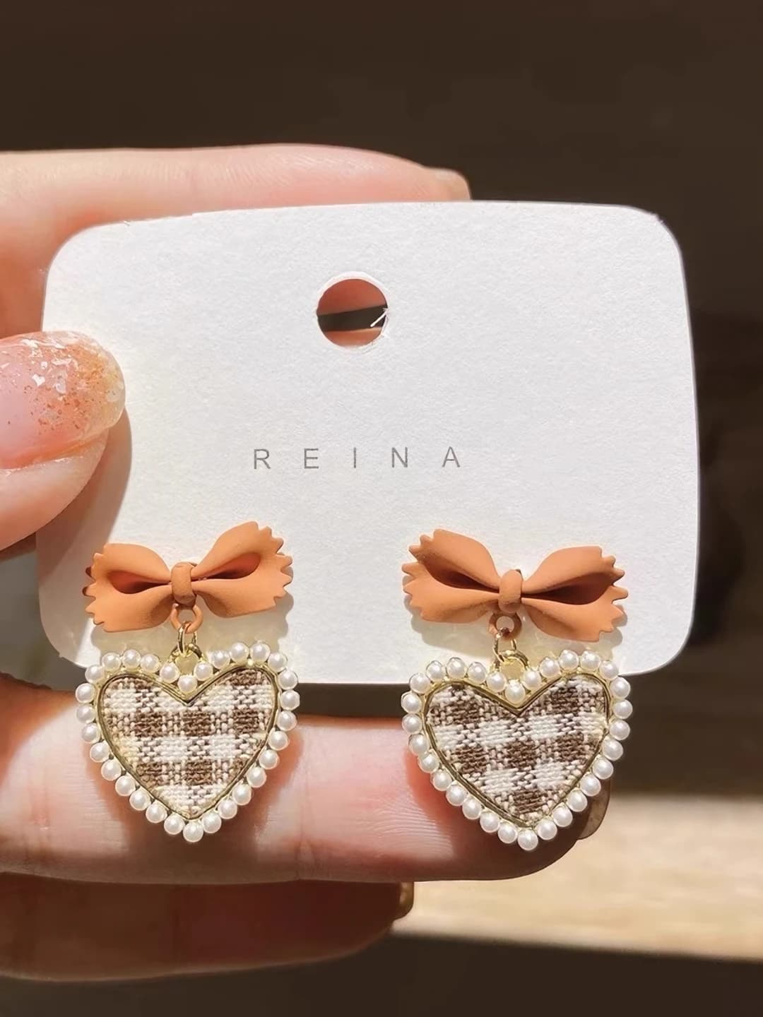 Women's 2026 checked heart and bow earrings