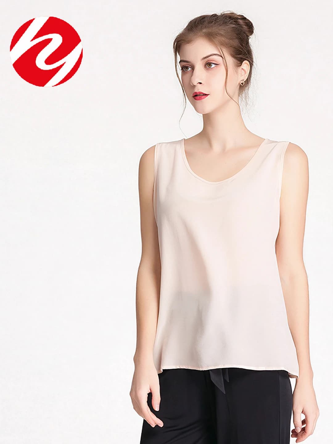 Women's silk tank top, crew neck, straight cut, solid colour, 95% mulberry silk, plus size