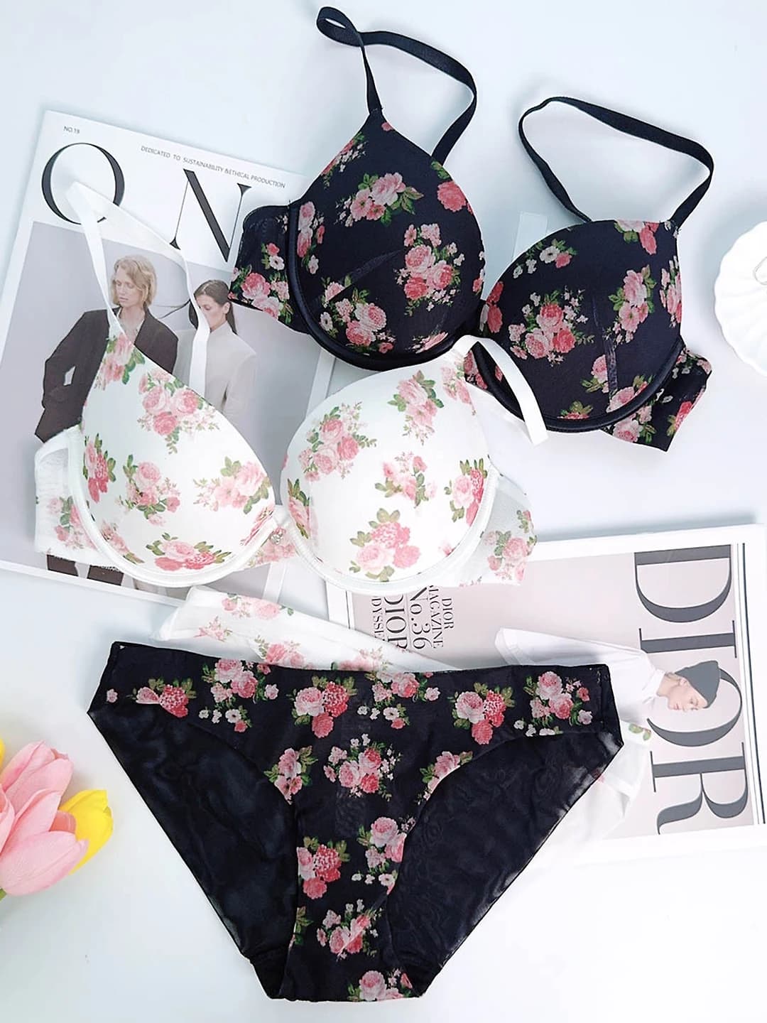Women's printed lingerie set: bra and briefs, breathable, push-up, side control, for spring, summer, autumn and winter