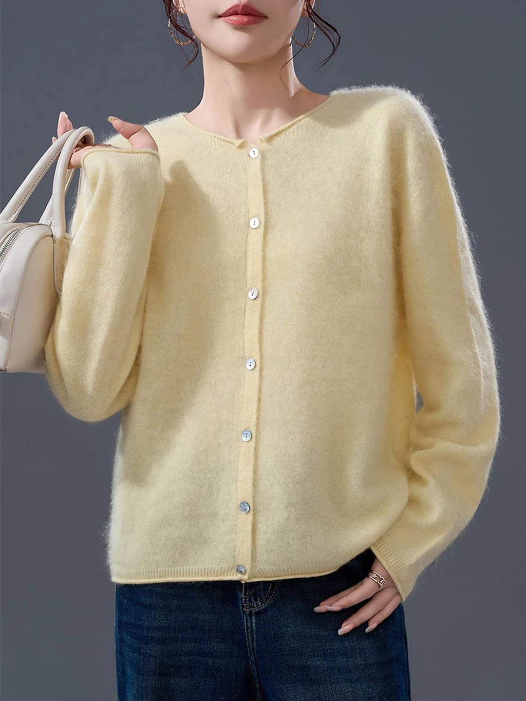 Women's French yellow crew neck long sleeve knit cardigan, wool, cashmere and mulberry silk, 2026 autumn base top