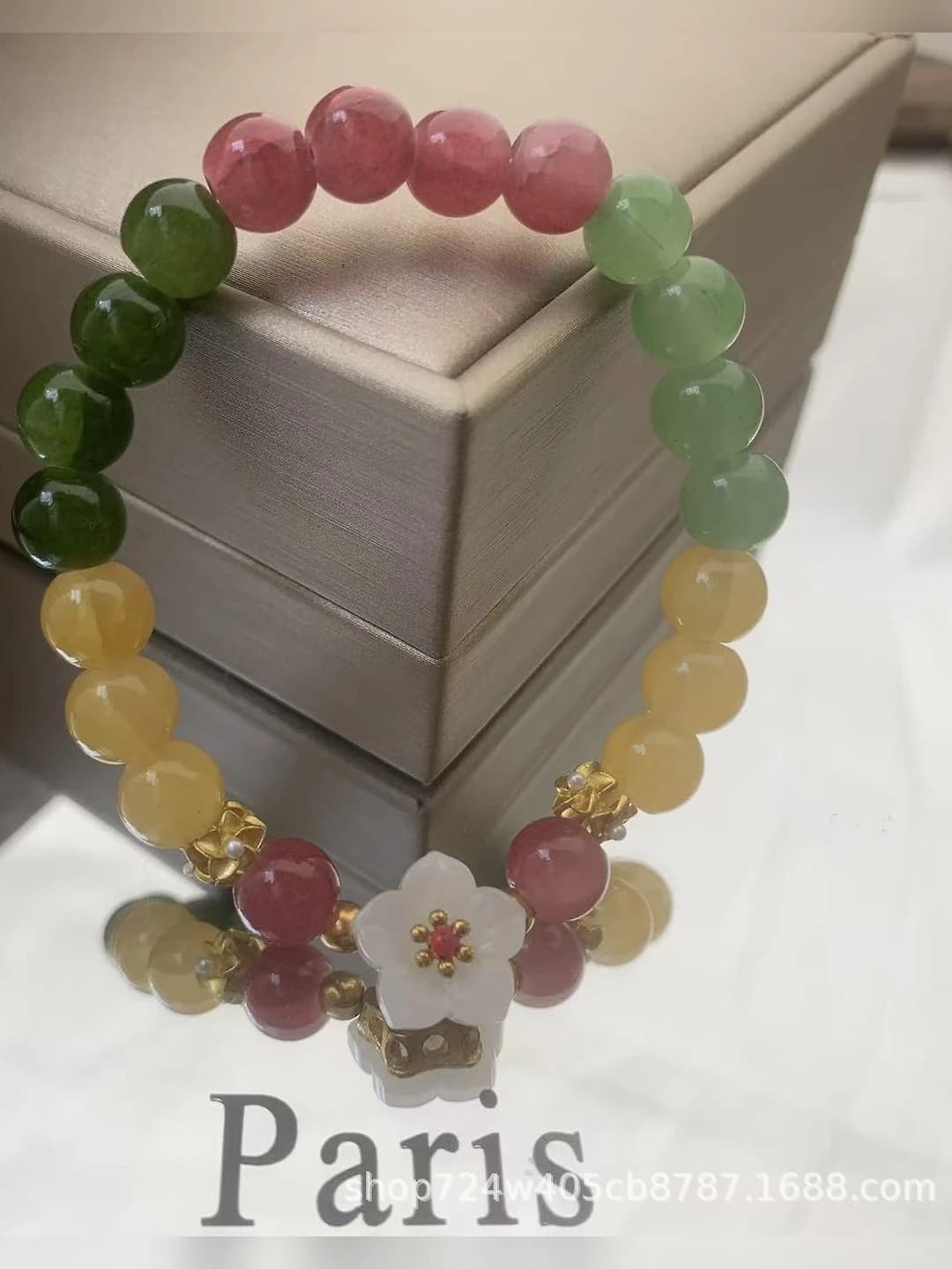 Women's summer bracelet made of glass and fusing, handmade, floral shape, lily of the valley design element, sweet style