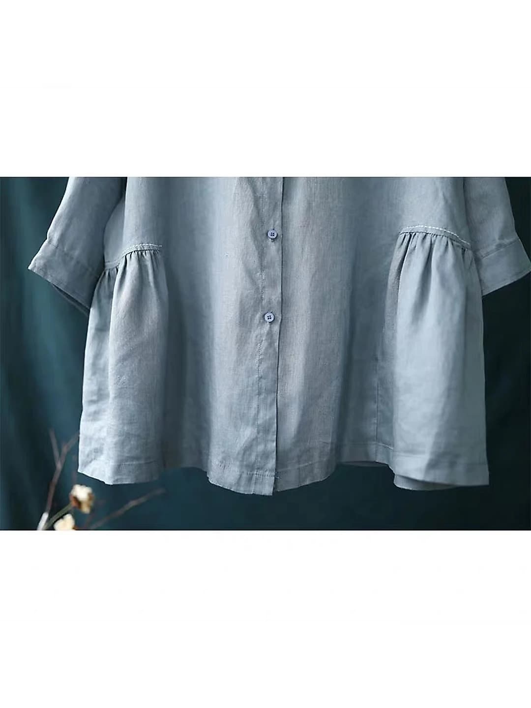 Women's summer Korean style loose fit plus size solid colour polyester shirt, lapel collar, elbow-length sleeve