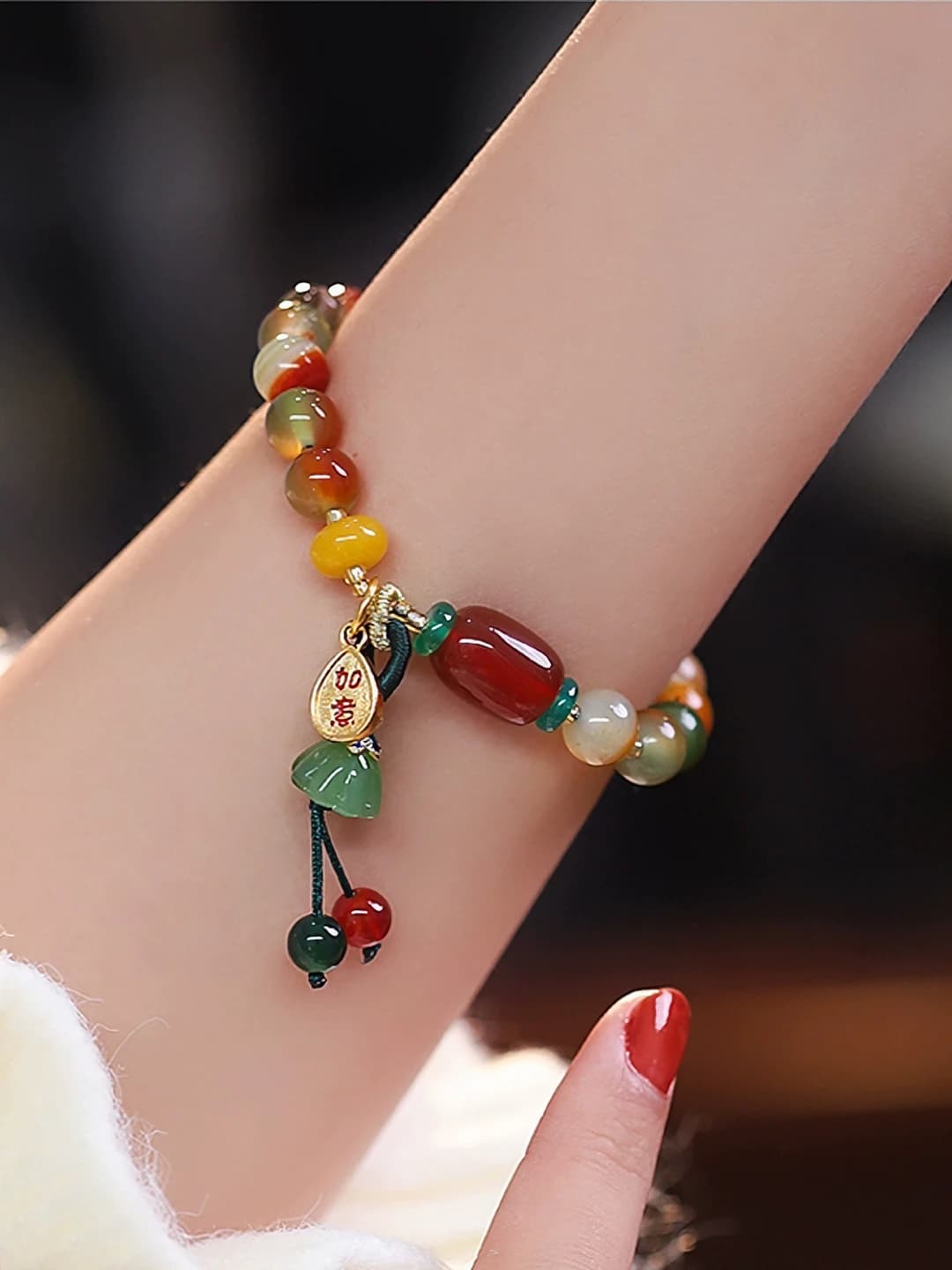 Women's natural stone lotus bracelet in ethnic style, retro design, autumn-winter gift