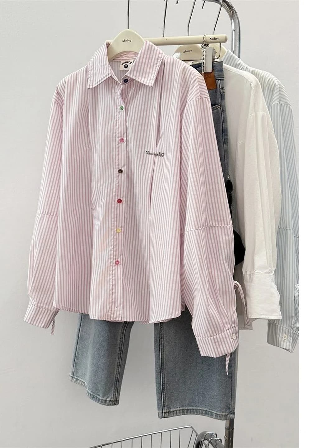 Women's spring-autumn loose fit shirt, long sleeve, lapel collar, colorful buttons, non-iron
