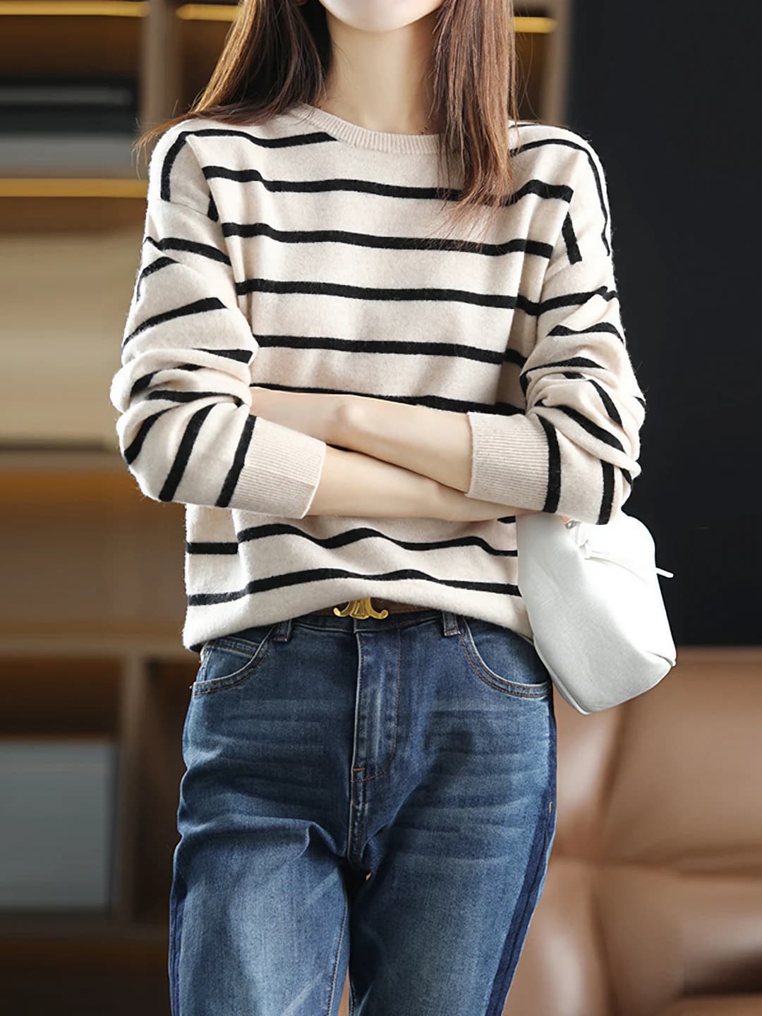 Women's autumn-winter knit top, crew neck, striped, loose fit, long sleeve, casual style