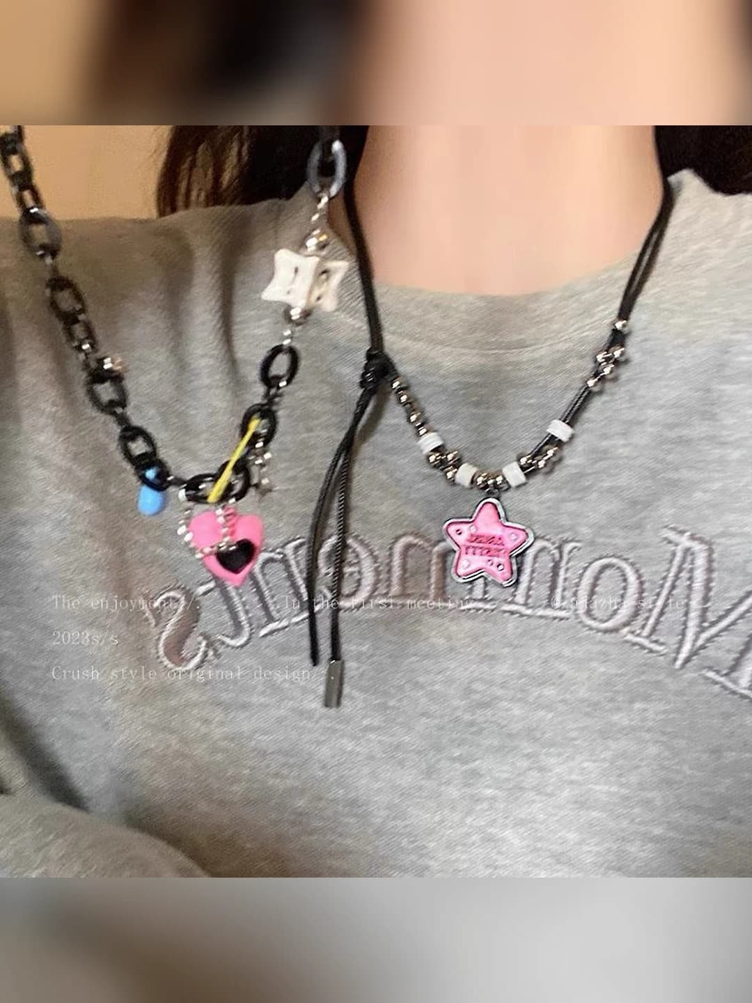Women's necklace with pink stars and hearts in Chanel style