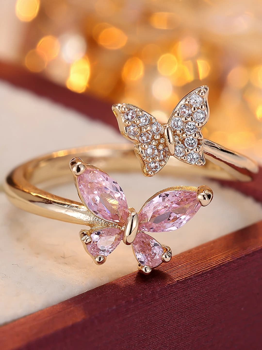 Women's open ring with two zircon butterflies, brass, gold plating, design element: butterfly, style: fashion