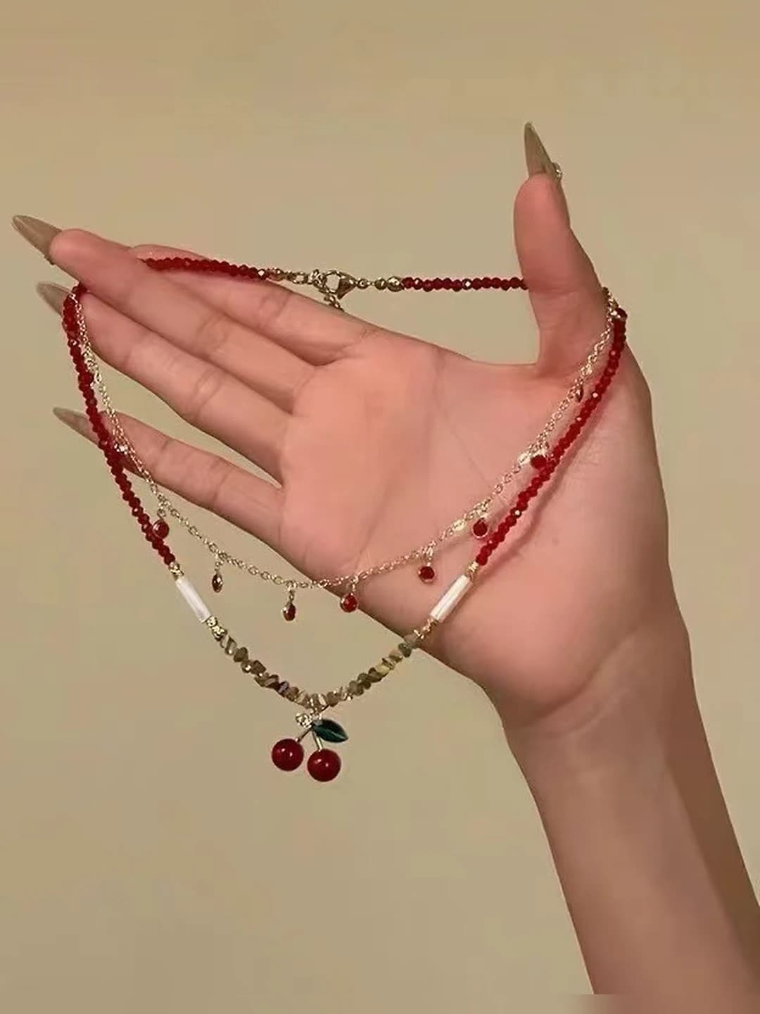 1# чёрная вишня бусины двухслойное ожерелье