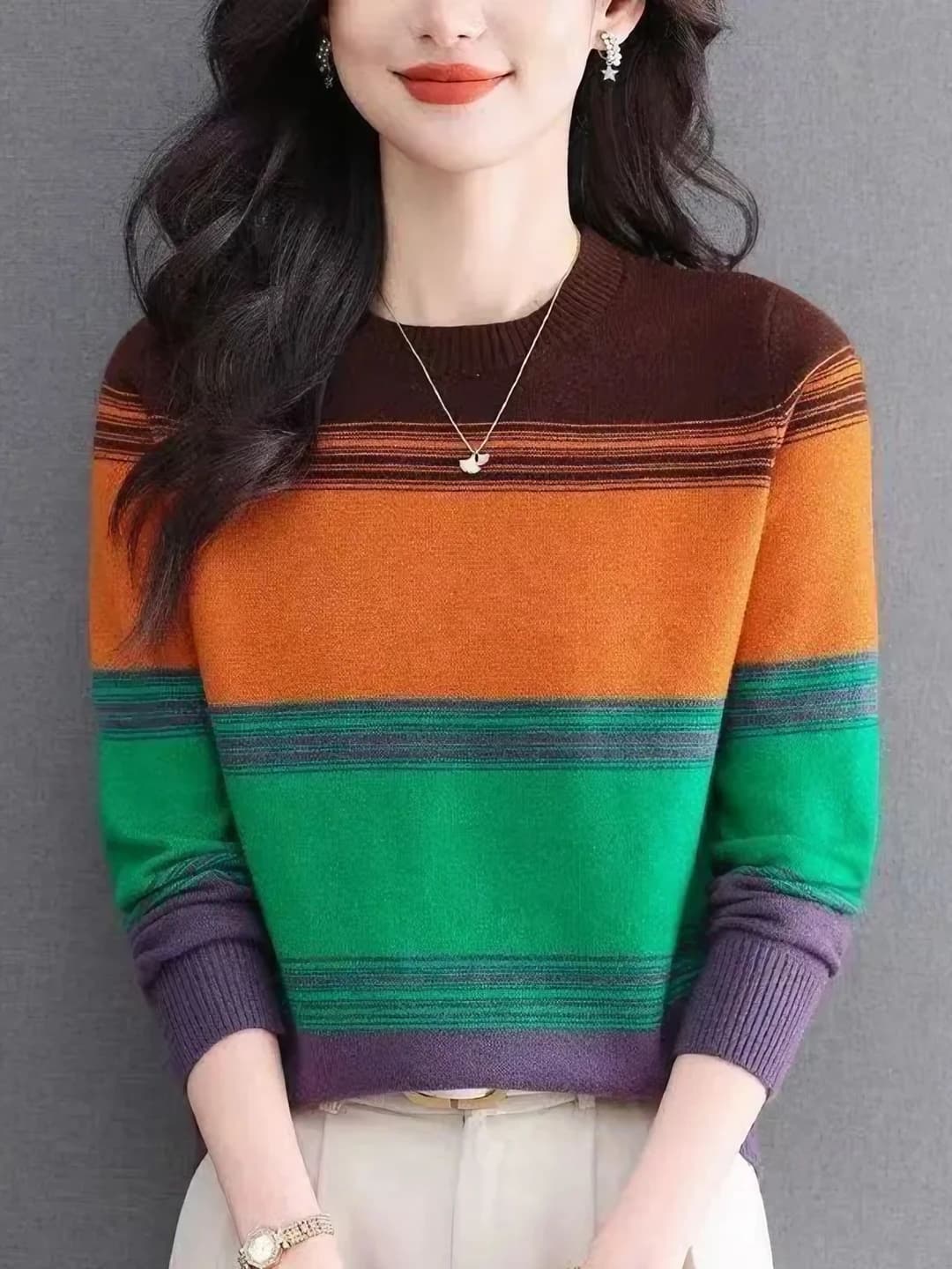 Women's thin striped sweater, crew neck, long sleeve, loose fit, thin, for early autumn