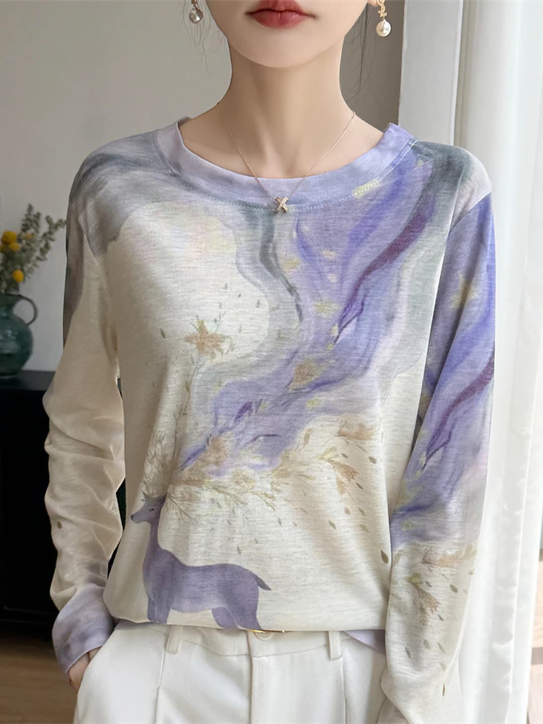 Women's 2026 spring retro style tie-dye pattern long sleeve longsleeve, crew neck, loose fit, 3D printed