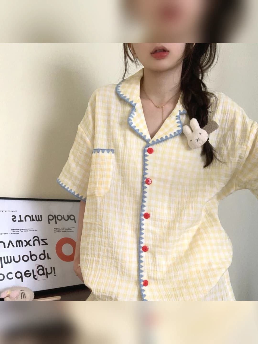 Женский летний комплект пижам в клетку с коротким рукавом и отложным воротником, 2 шт.