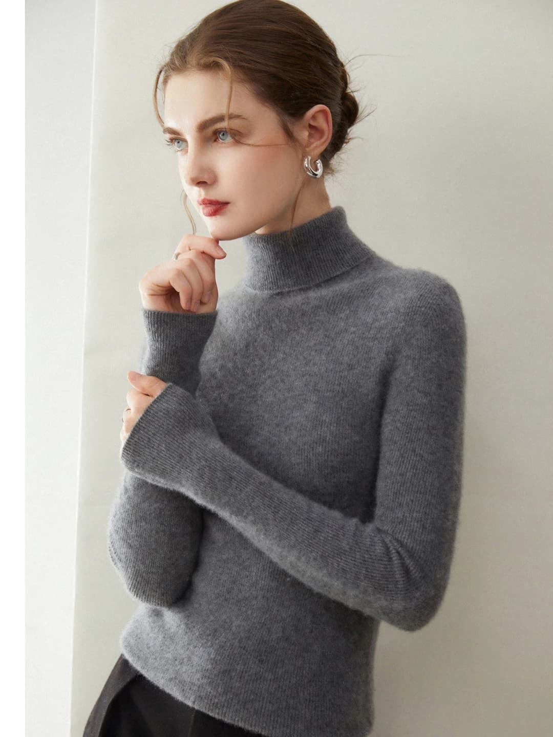 Women's 100% cashmere turtleneck sweater, high neck, slim fit, long sleeve, warm, solid colour, winter