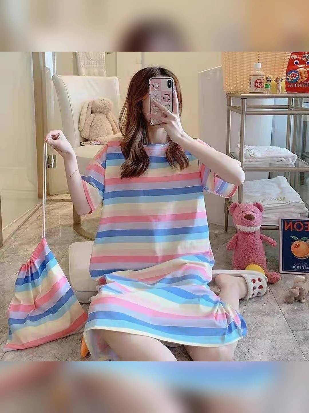 Women's striped short-sleeve nightgown in Korean style, summer, plus size, crew neck, stretch