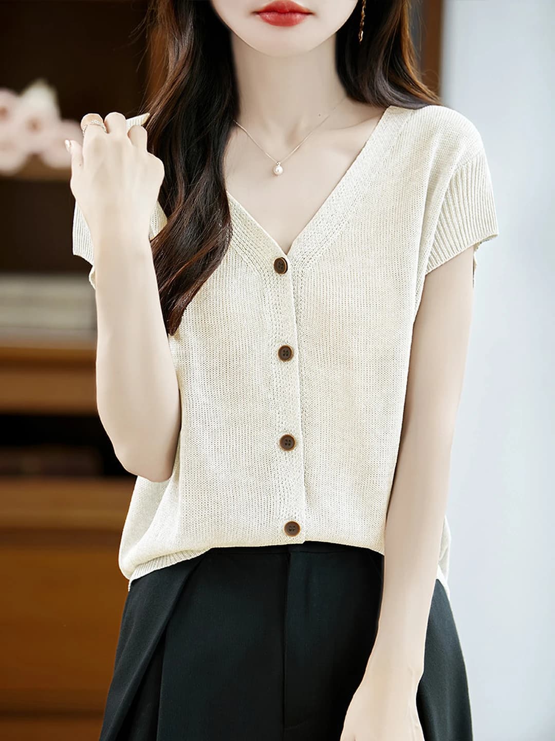 Women's knit cardigan, summer 2026, v-neck, sleeveless, loose fit, solid colour