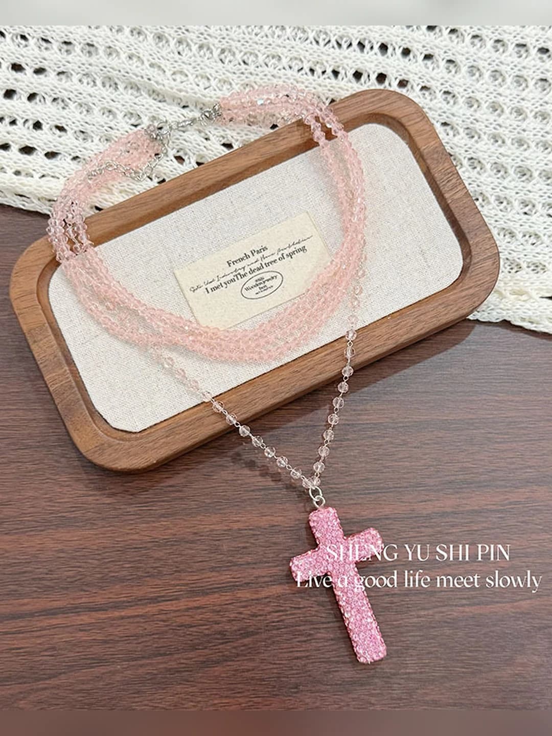 Women's Y2K style multi-layered beaded necklace with full diamond cross pendant